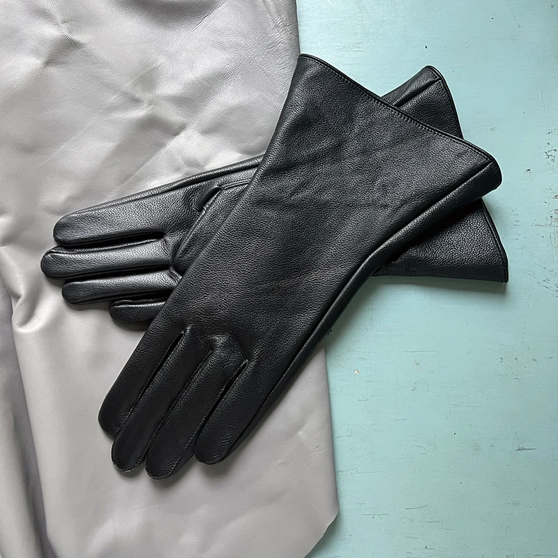 35cm Men's Goatskin Gloves Women‘s Bell Shaped Gloves Luxury Thin Lining And Tight-fitting Long Driving Motorcycle Gloves