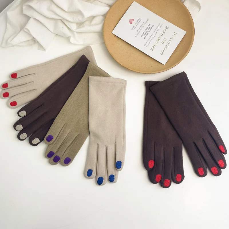 Women Creative Nail Polish Embroidery Gloves Grace Lady Fashion Vintage Driving Full Finger Mittens Girl Touch Screen Warm