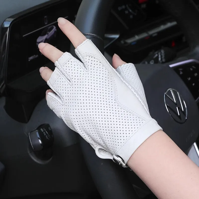 Men Women's Hollow Out Natural Sheepskin Leather White Glove Female Fashion Genuine Leather Breathable Thin Driving Glove R1919