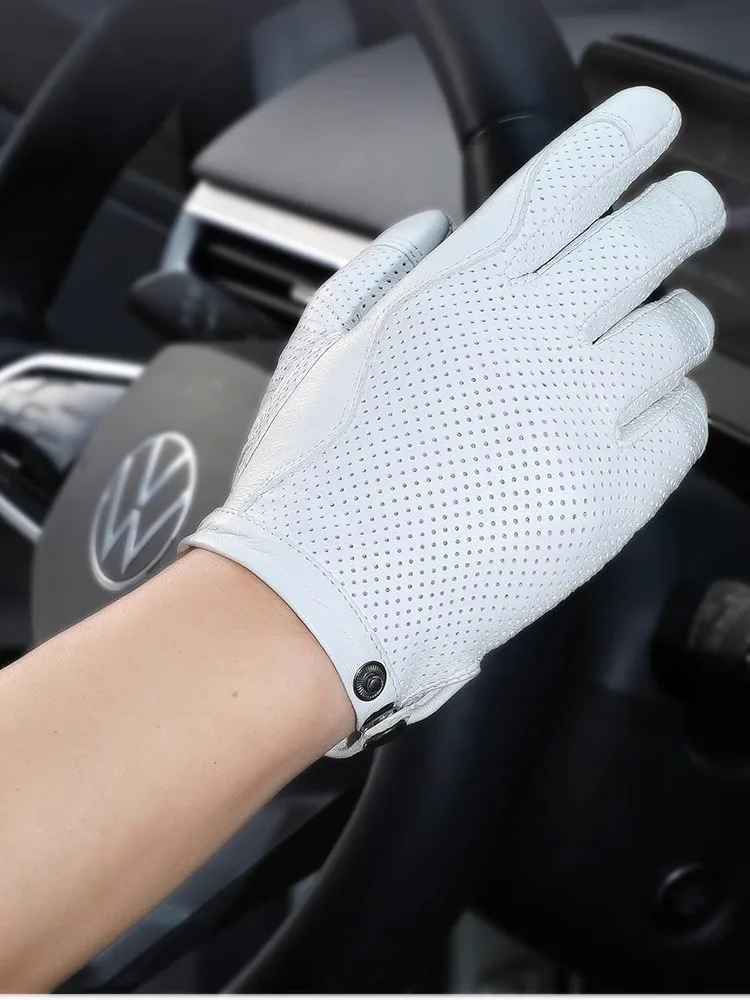 Men Women's Hollow Out Natural Sheepskin Leather White Glove Female Fashion Genuine Leather Breathable Thin Driving Glove R1919