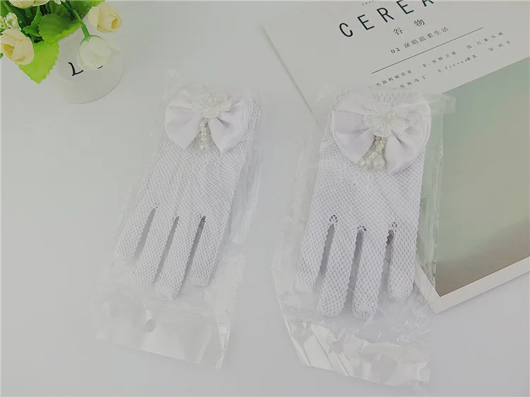 Kids Party Lace Pearl Fishnet Gloves Communion Flower Girl Party Gloves Children's Glove High Elasticity Mesh Bow Gloves