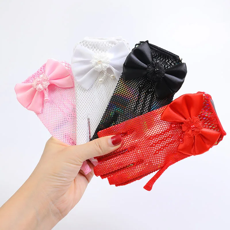Kids Party Lace Pearl Fishnet Gloves Communion Flower Girl Party Gloves Children's Glove High Elasticity Mesh Bow Gloves