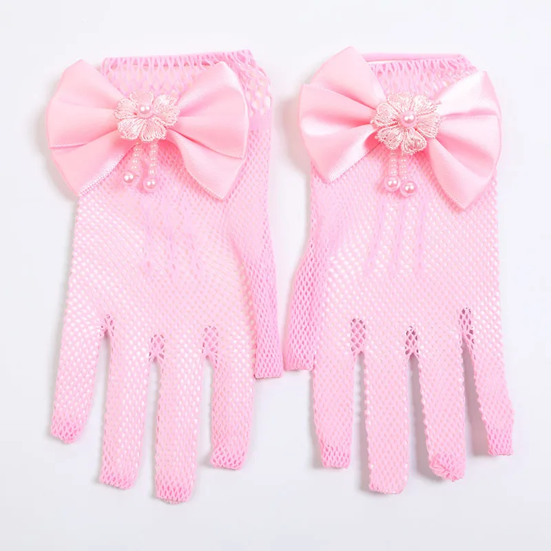 Kids Party Lace Pearl Fishnet Gloves Communion Flower Girl Party Gloves Children's Glove High Elasticity Mesh Bow Gloves