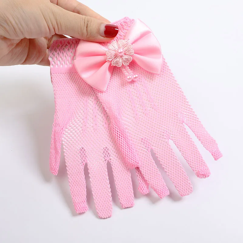 Kids Party Lace Pearl Fishnet Gloves Communion Flower Girl Party Gloves Children's Glove High Elasticity Mesh Bow Gloves