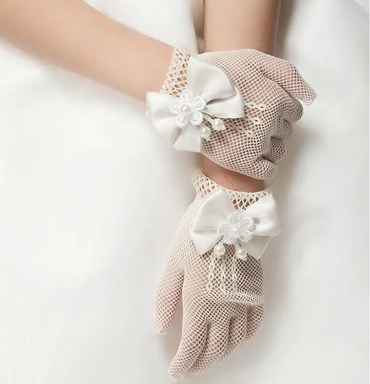 Kids Party Lace Pearl Fishnet Gloves Communion Flower Girl Party Gloves Children's Glove High Elasticity Mesh Bow Gloves
