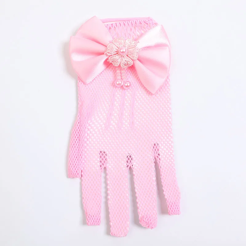 Kids Party Lace Pearl Fishnet Gloves Communion Flower Girl Party Gloves Children's Glove High Elasticity Mesh Bow Gloves