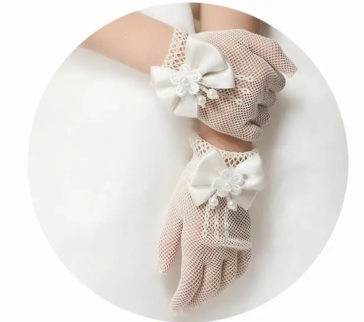 Kids Party Lace Pearl Fishnet Gloves Communion Flower Girl Party Gloves Children's Glove High Elasticity Mesh Bow Gloves