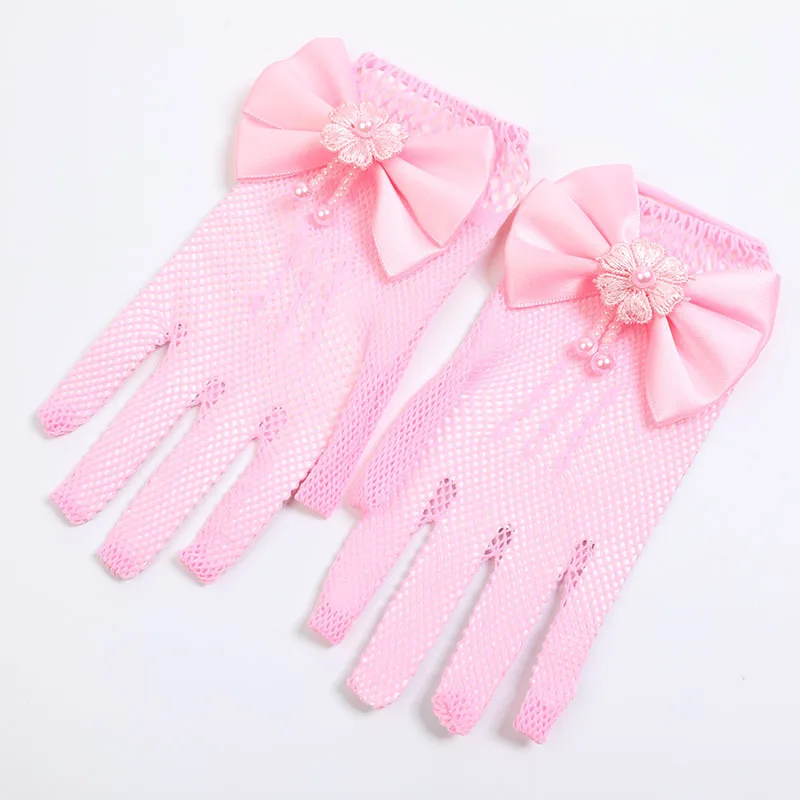 Kids Party Lace Pearl Fishnet Gloves Communion Flower Girl Party Gloves Children's Glove High Elasticity Mesh Bow Gloves