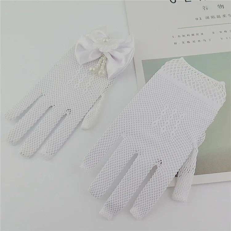 Kids Party Lace Pearl Fishnet Gloves Communion Flower Girl Party Gloves Children's Glove High Elasticity Mesh Bow Gloves