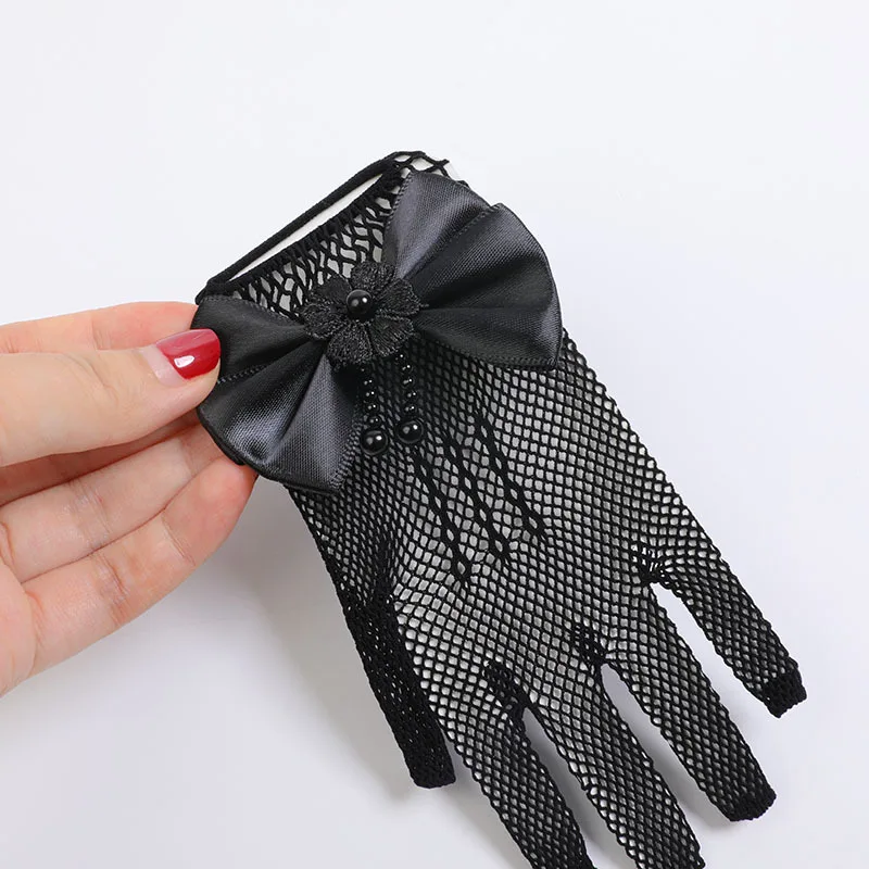 Kids Party Lace Pearl Fishnet Gloves Communion Flower Girl Party Gloves Children's Glove High Elasticity Mesh Bow Gloves