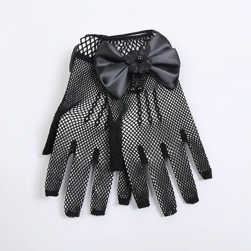 Kids Party Lace Pearl Fishnet Gloves Communion Flower Girl Party Gloves Children's Glove High Elasticity Mesh Bow Gloves