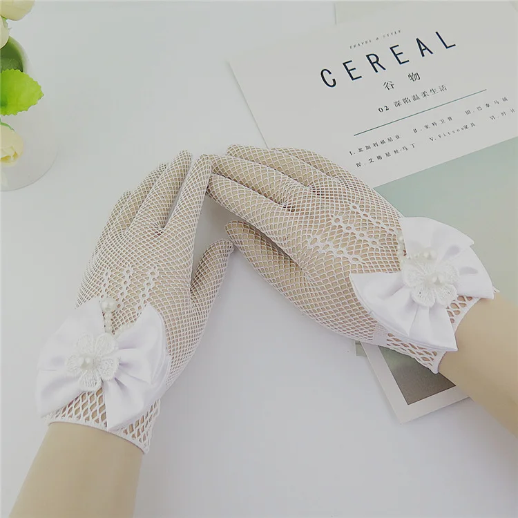 Kids Party Lace Pearl Fishnet Gloves Communion Flower Girl Party Gloves Children's Glove High Elasticity Mesh Bow Gloves