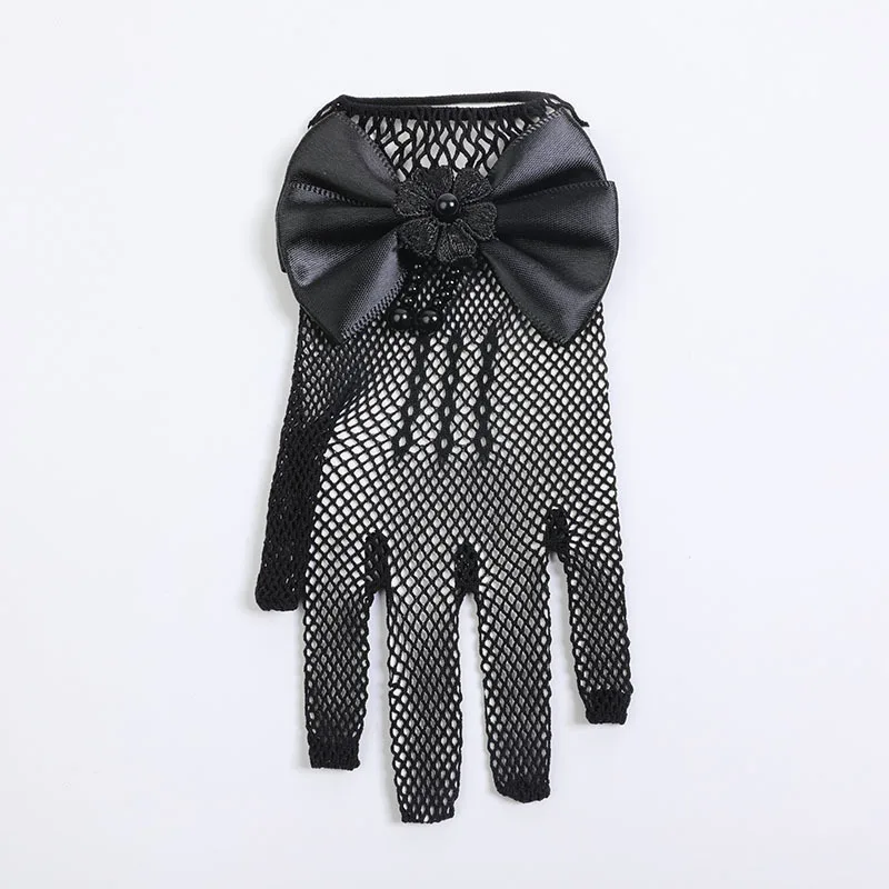 Kids Party Lace Pearl Fishnet Gloves Communion Flower Girl Party Gloves Children's Glove High Elasticity Mesh Bow Gloves