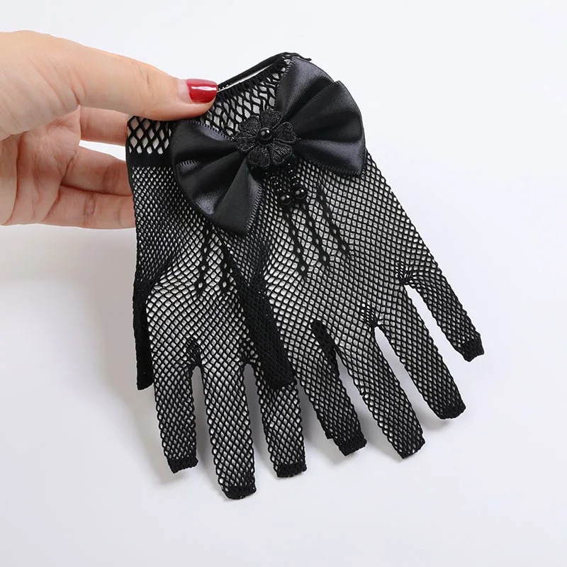 Kids Party Lace Pearl Fishnet Gloves Communion Flower Girl Party Gloves Children's Glove High Elasticity Mesh Bow Gloves