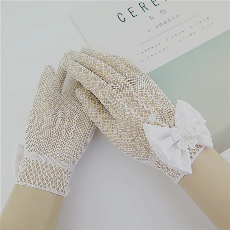 Kids Party Lace Pearl Fishnet Gloves Communion Flower Girl Party Gloves Children's Glove High Elasticity Mesh Bow Gloves