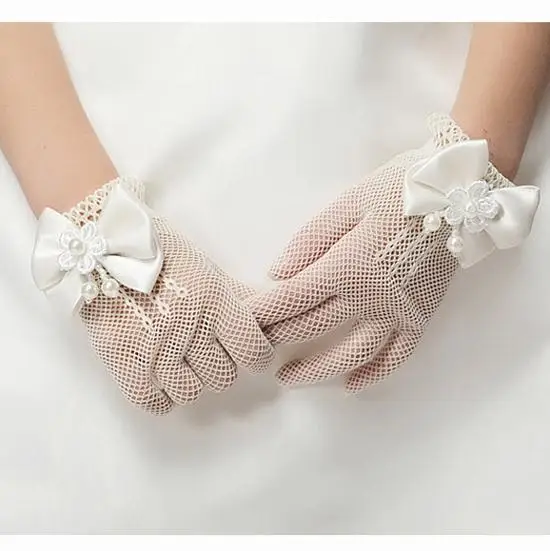 Kids Party Lace Pearl Fishnet Gloves Communion Flower Girl Party Gloves Children's Glove High Elasticity Mesh Bow Gloves