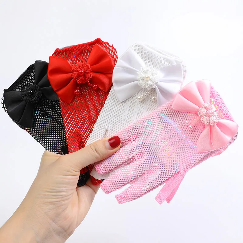Kids Party Lace Pearl Fishnet Gloves Communion Flower Girl Party Gloves Children's Glove High Elasticity Mesh Bow Gloves