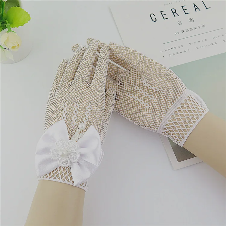 Kids Party Lace Pearl Fishnet Gloves Communion Flower Girl Party Gloves Children's Glove High Elasticity Mesh Bow Gloves