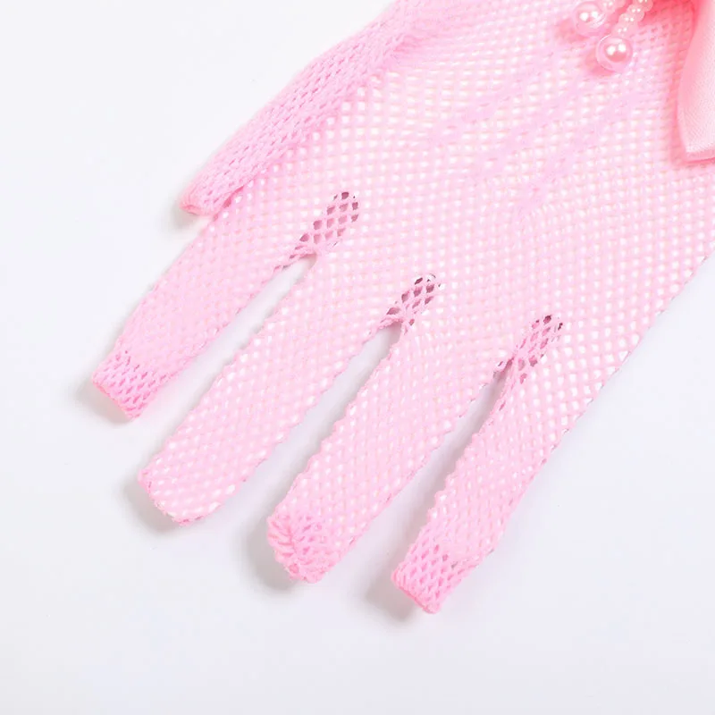 Kids Party Lace Pearl Fishnet Gloves Communion Flower Girl Party Gloves Children's Glove High Elasticity Mesh Bow Gloves