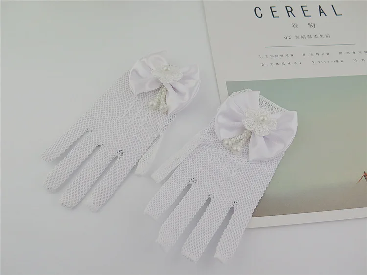 Kids Party Lace Pearl Fishnet Gloves Communion Flower Girl Party Gloves Children's Glove High Elasticity Mesh Bow Gloves