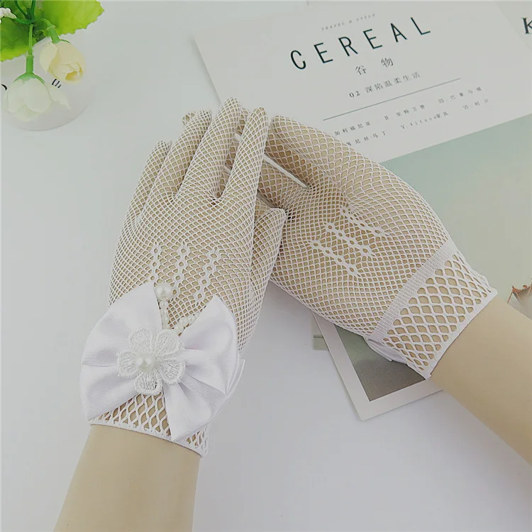 Kids Party Lace Pearl Fishnet Gloves Communion Flower Girl Party Gloves Children's Glove High Elasticity Mesh Bow Gloves