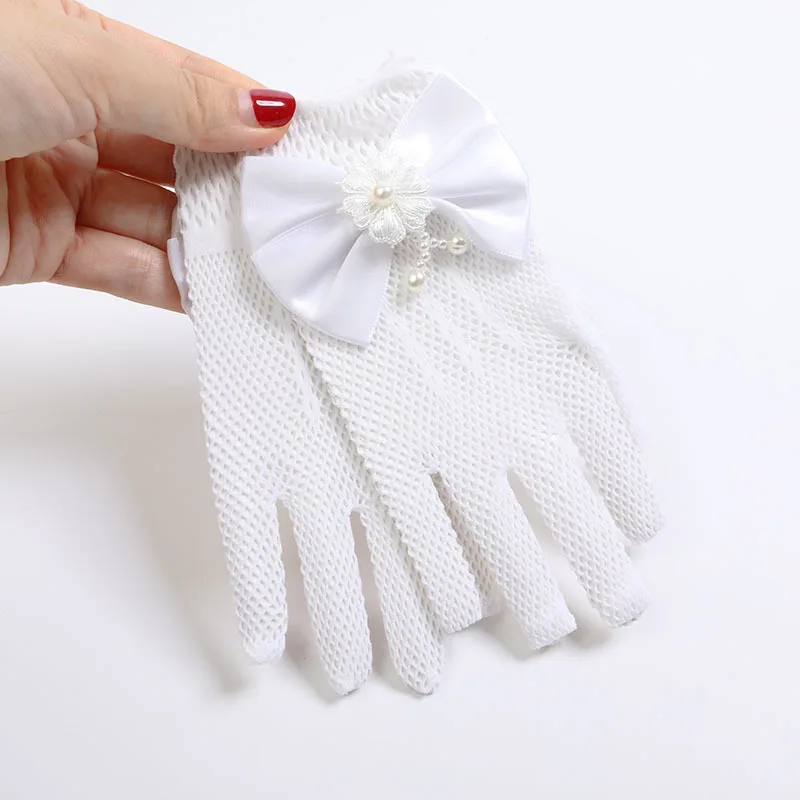 Kids Party Lace Pearl Fishnet Gloves Communion Flower Girl Party Gloves Children's Glove High Elasticity Mesh Bow Gloves