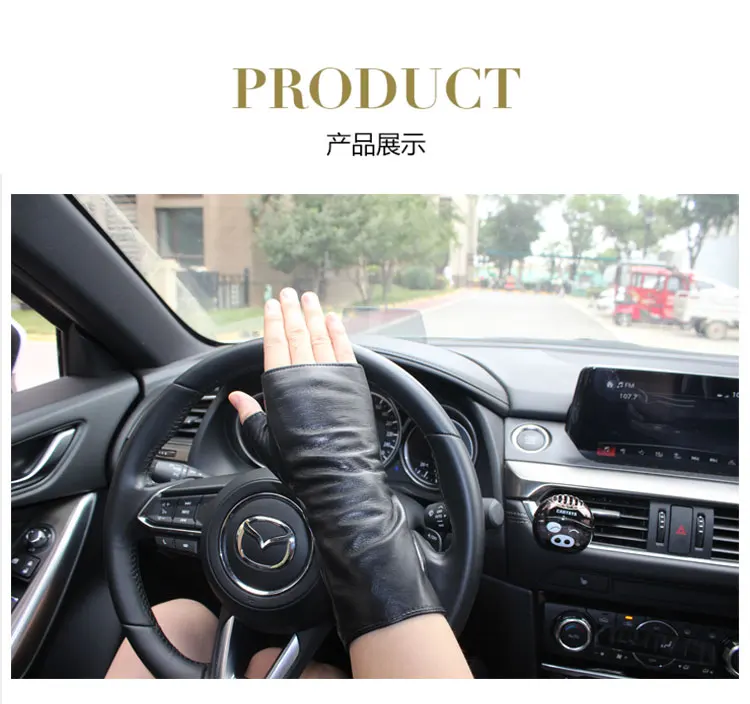 New Women Fashion Long Genuine Leather Black Sheepskin Driving Outdoor Fingerless Gloves Spring and Autumn