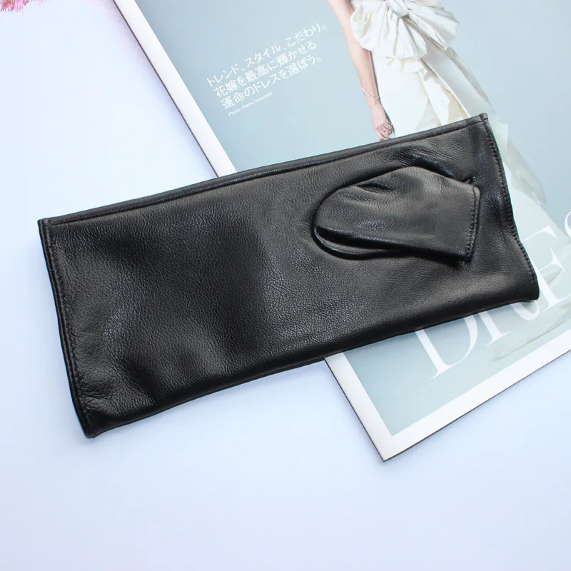 New Women Fashion Long Genuine Leather Black Sheepskin Driving Outdoor Fingerless Gloves Spring and Autumn
