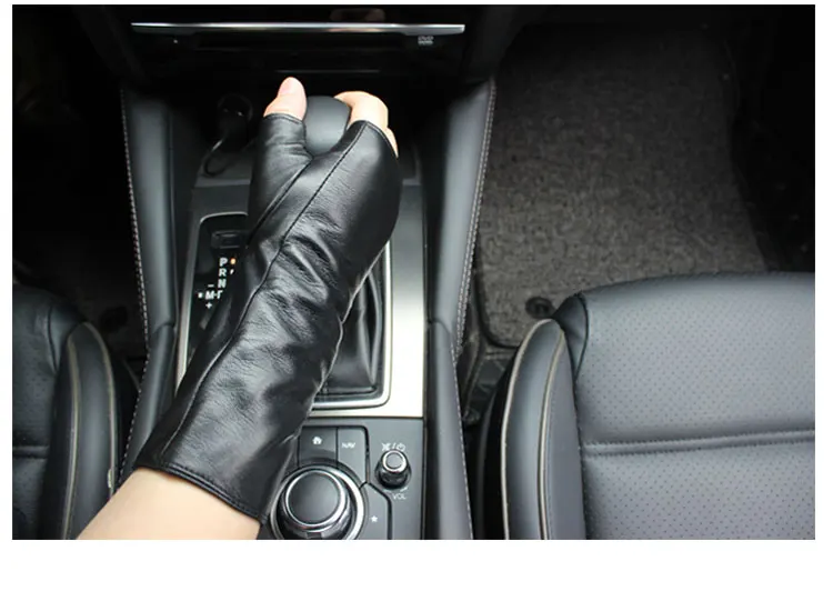 New Women Fashion Long Genuine Leather Black Sheepskin Driving Outdoor Fingerless Gloves Spring and Autumn