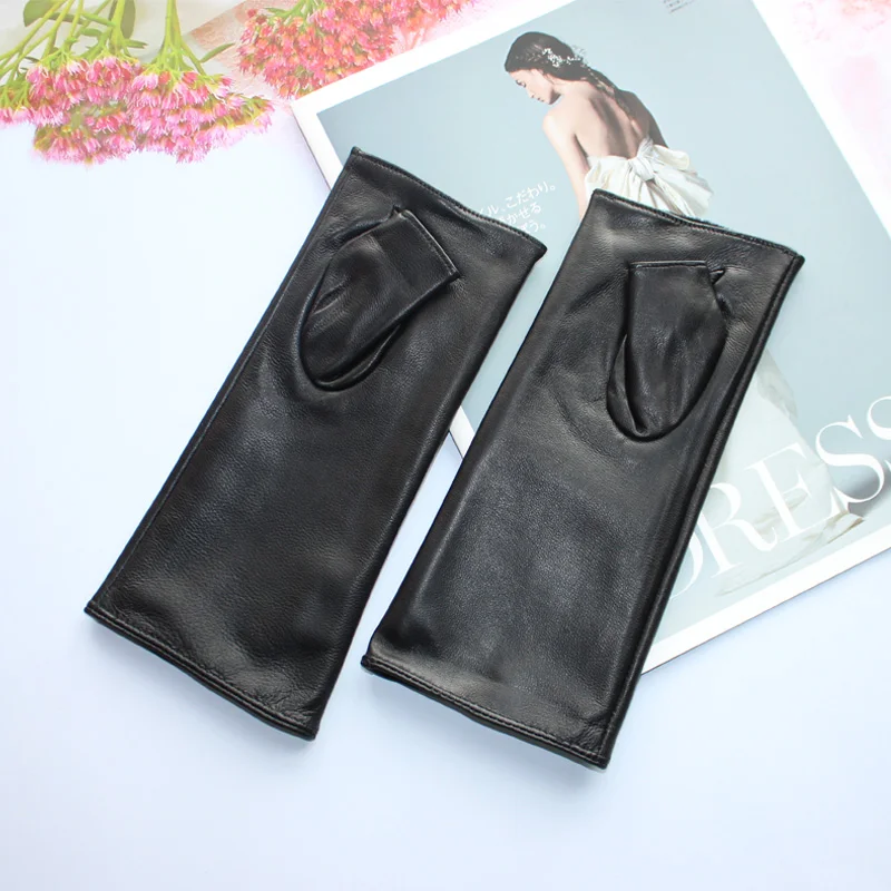 New Women Fashion Long Genuine Leather Black Sheepskin Driving Outdoor Fingerless Gloves Spring and Autumn