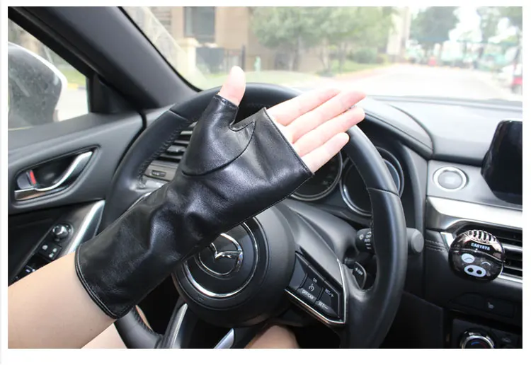 New Women Fashion Long Genuine Leather Black Sheepskin Driving Outdoor Fingerless Gloves Spring and Autumn