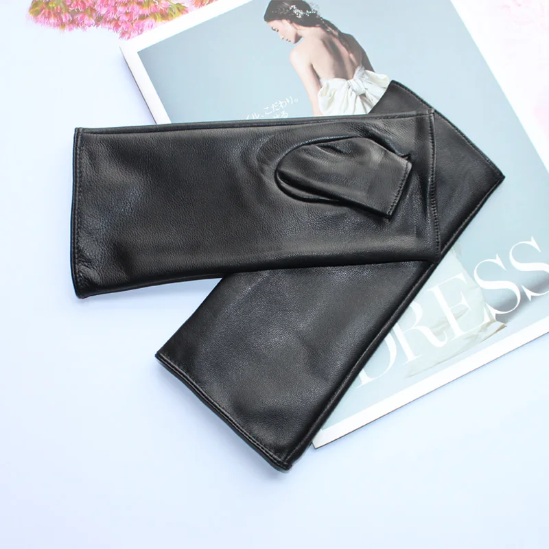 New Women Fashion Long Genuine Leather Black Sheepskin Driving Outdoor Fingerless Gloves Spring and Autumn