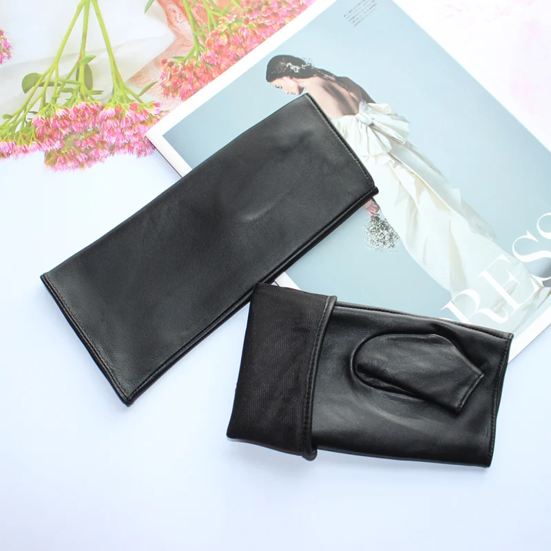 New Women Fashion Long Genuine Leather Black Sheepskin Driving Outdoor Fingerless Gloves Spring and Autumn