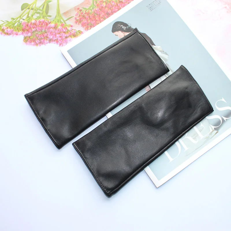 New Women Fashion Long Genuine Leather Black Sheepskin Driving Outdoor Fingerless Gloves Spring and Autumn