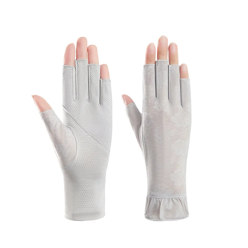 Women Summer Sunscreen Lace Flowers Driving Cycling Breathable Half Finger Gloves Thin Mesh Ice Silk Touch Screen Anti-Slip