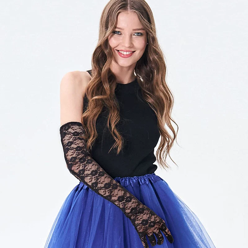 Women Sexy Elbow Length Lace Floral Thin Breathable Gloves See Through Club Party Evening Prom Dress Dancing Accessories