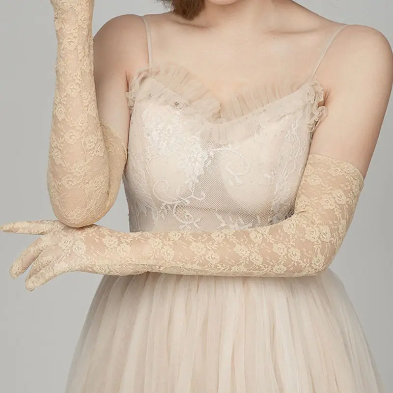 Women Sexy Elbow Length Lace Floral Thin Breathable Gloves See Through Club Party Evening Prom Dress Dancing Accessories