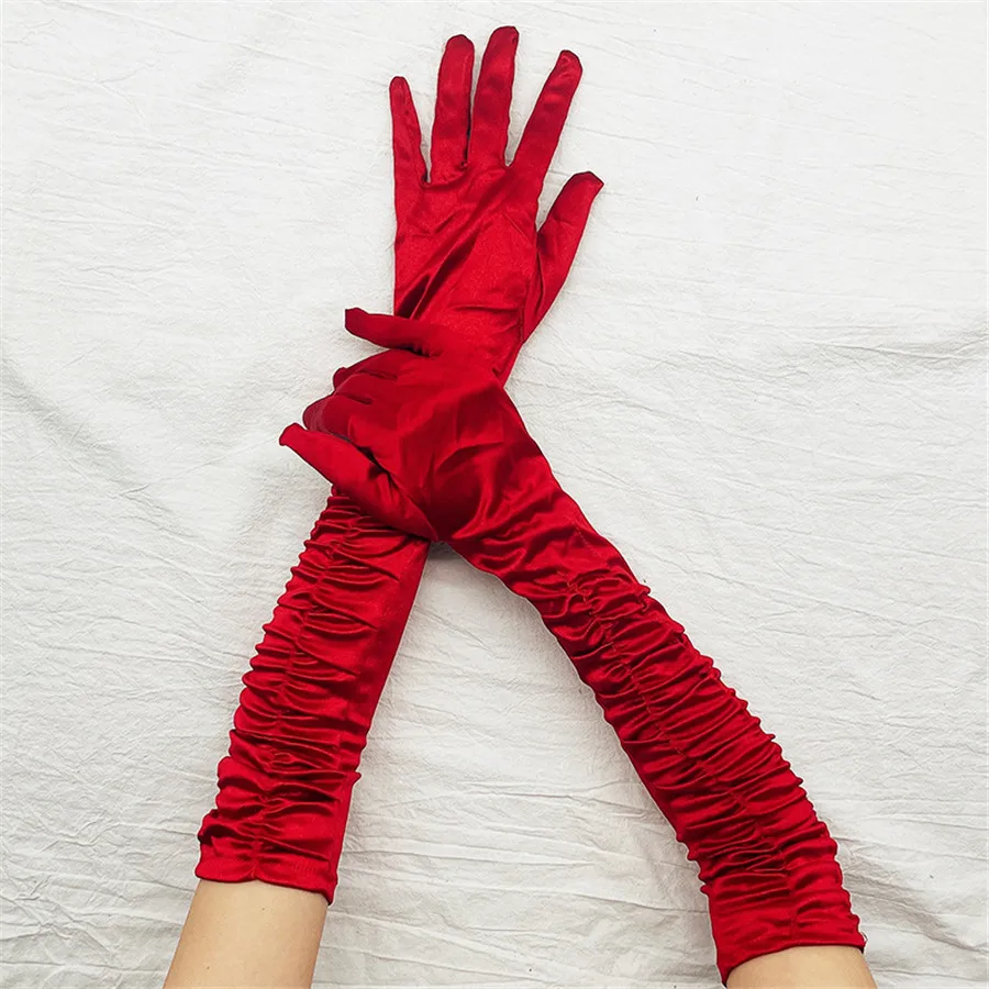 Women Long Solid folds Satin Soft Multicolor Ceremonial Gloves Dance Performance Elasticity Retro Style Opera
