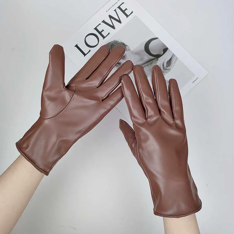 Fashion Female Winter Warm Touch Screen Driving Gloves Women' Outdoor Riding Plus Velvet Thicken Full Finger PU Leather Mittens