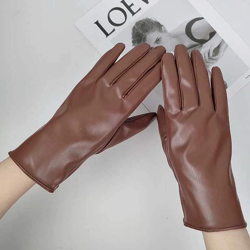 Fashion Female Winter Warm Touch Screen Driving Gloves Women' Outdoor Riding Plus Velvet Thicken Full Finger PU Leather Mittens