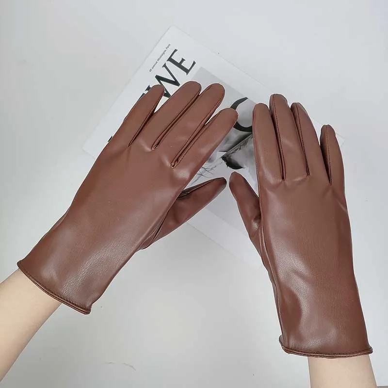 Fashion Female Winter Warm Touch Screen Driving Gloves Women' Outdoor Riding Plus Velvet Thicken Full Finger PU Leather Mittens