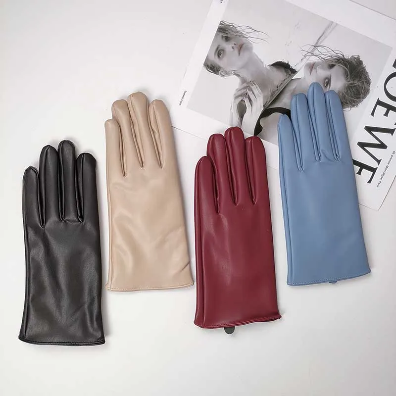 Fashion Female Winter Warm Touch Screen Driving Gloves Women' Outdoor Riding Plus Velvet Thicken Full Finger PU Leather Mittens