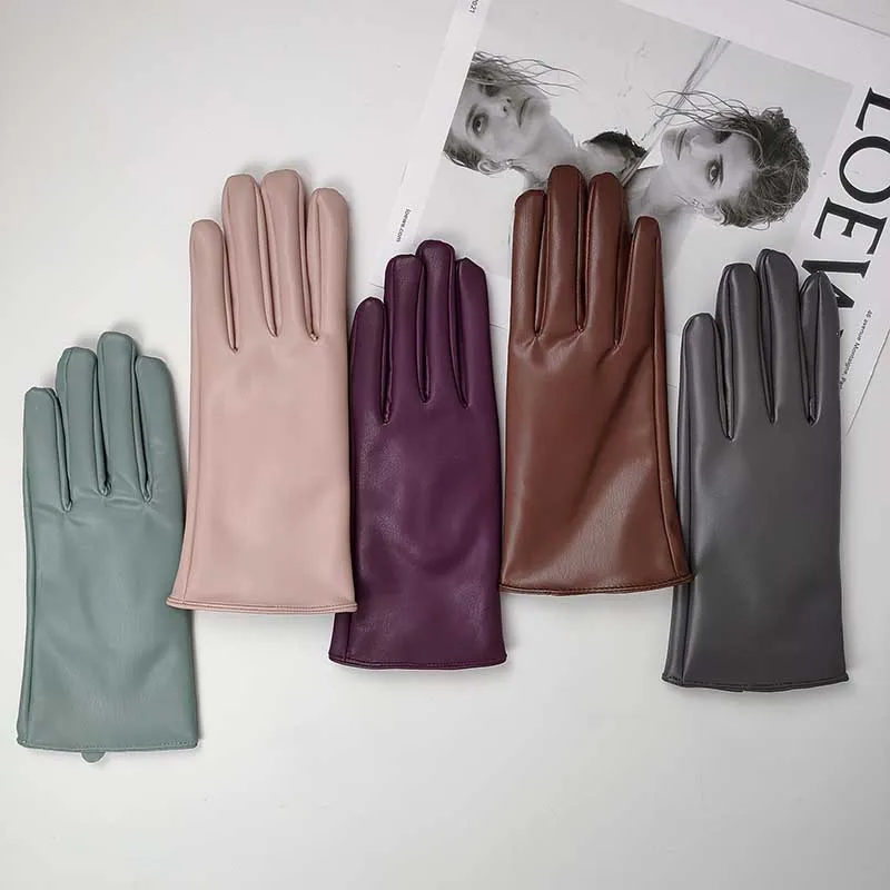 Fashion Female Winter Warm Touch Screen Driving Gloves Women' Outdoor Riding Plus Velvet Thicken Full Finger PU Leather Mittens