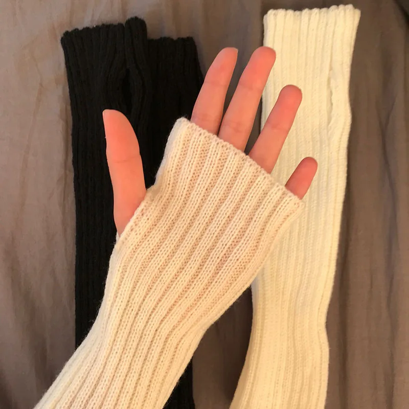 New Women Arm Warmers Japanese White Black Goth Knitted Kawaii Fingerless Gloves Ankle Wrist Sleeves Harajuku Girls Anime Gloves