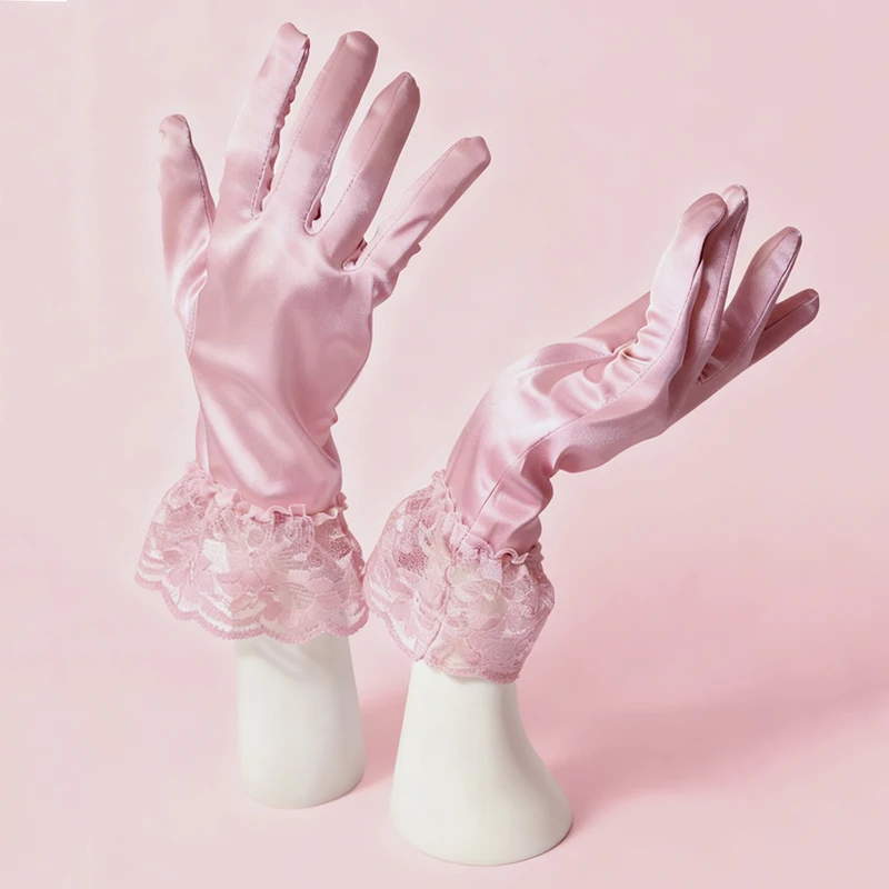 Elegant Satin Gloves for Women with Lace Cuffs Wedding Party Prom Evening Occasions Luxurious Smooth Touch Vintage Style