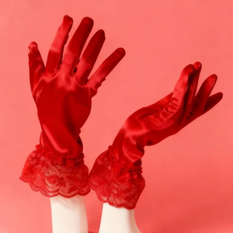Elegant Satin Gloves for Women with Lace Cuffs Wedding Party Prom Evening Occasions Luxurious Smooth Touch Vintage Style