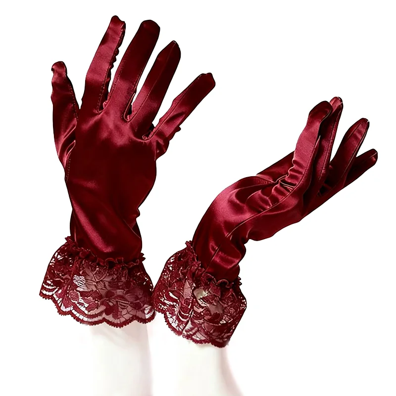 Elegant Satin Gloves for Women with Lace Cuffs Wedding Party Prom Evening Occasions Luxurious Smooth Touch Vintage Style