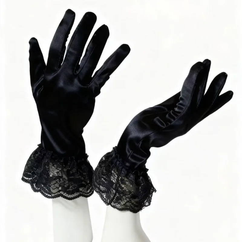 Elegant Satin Gloves for Women with Lace Cuffs Wedding Party Prom Evening Occasions Luxurious Smooth Touch Vintage Style