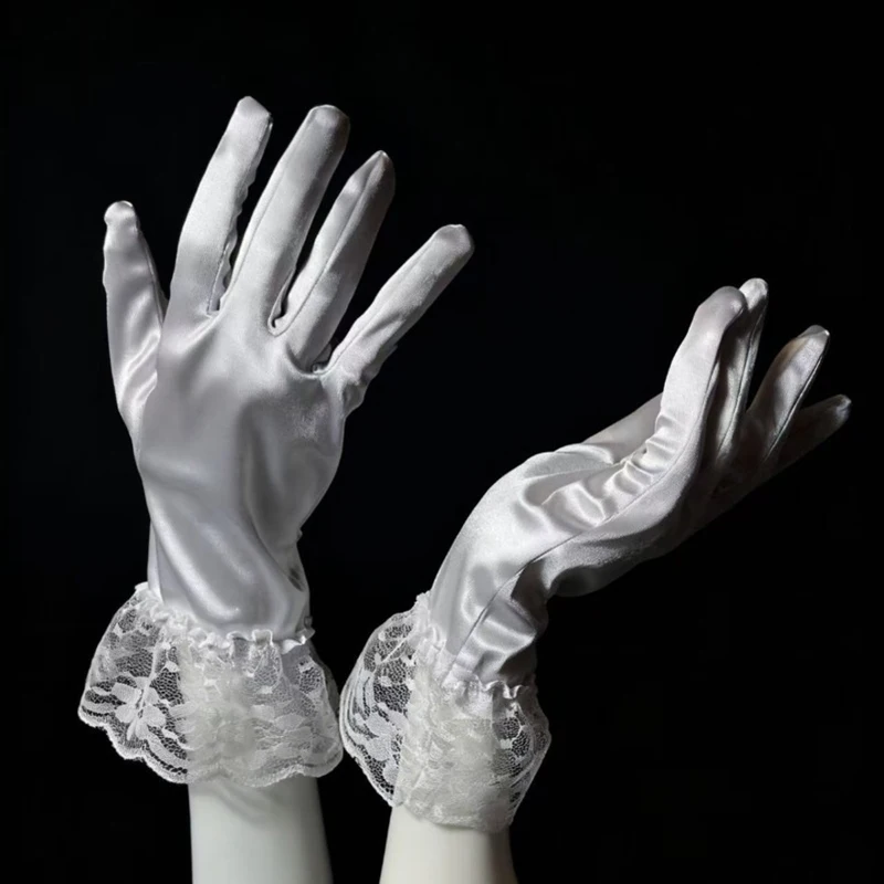 Elegant Satin Gloves for Women with Lace Cuffs Wedding Party Prom Evening Occasions Luxurious Smooth Touch Vintage Style