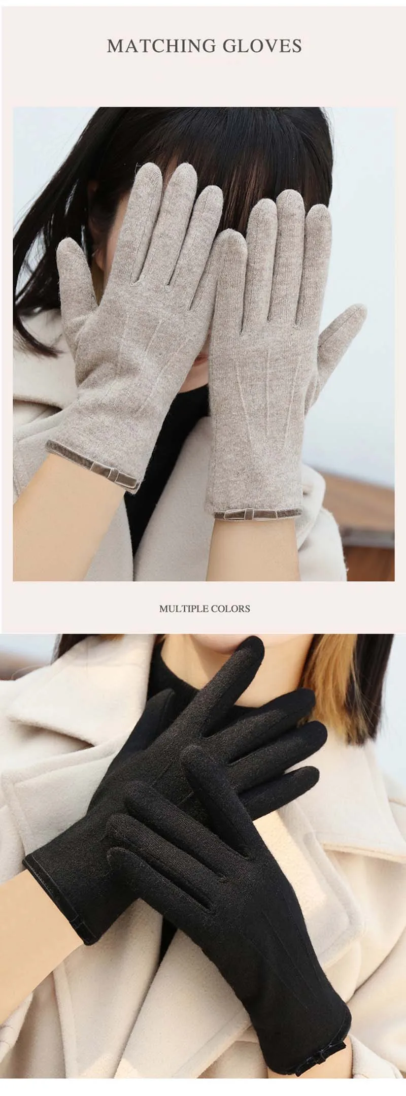 Korean Women's Touch Screen Warm Cashmere Gloves Autumn Winter Outdoor Riding Driving Bow Wool Double Layer Thicken Windproof